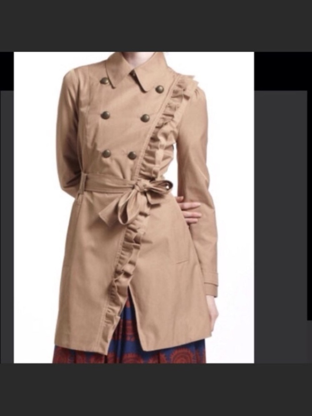 Anthropologie Elevenses  Ruffle Trim Double-Breasted Tan Trench Coat
